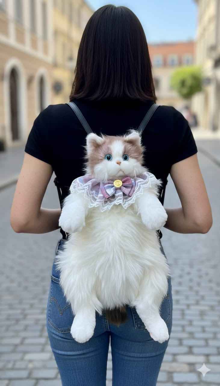 Fluffy Cat Backpack - Realistic Plush Kitten Bag with Meow Sound